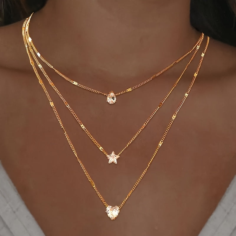 Multi-Layered Crystal Pendant Necklace – Heart, Star & Drop Charms