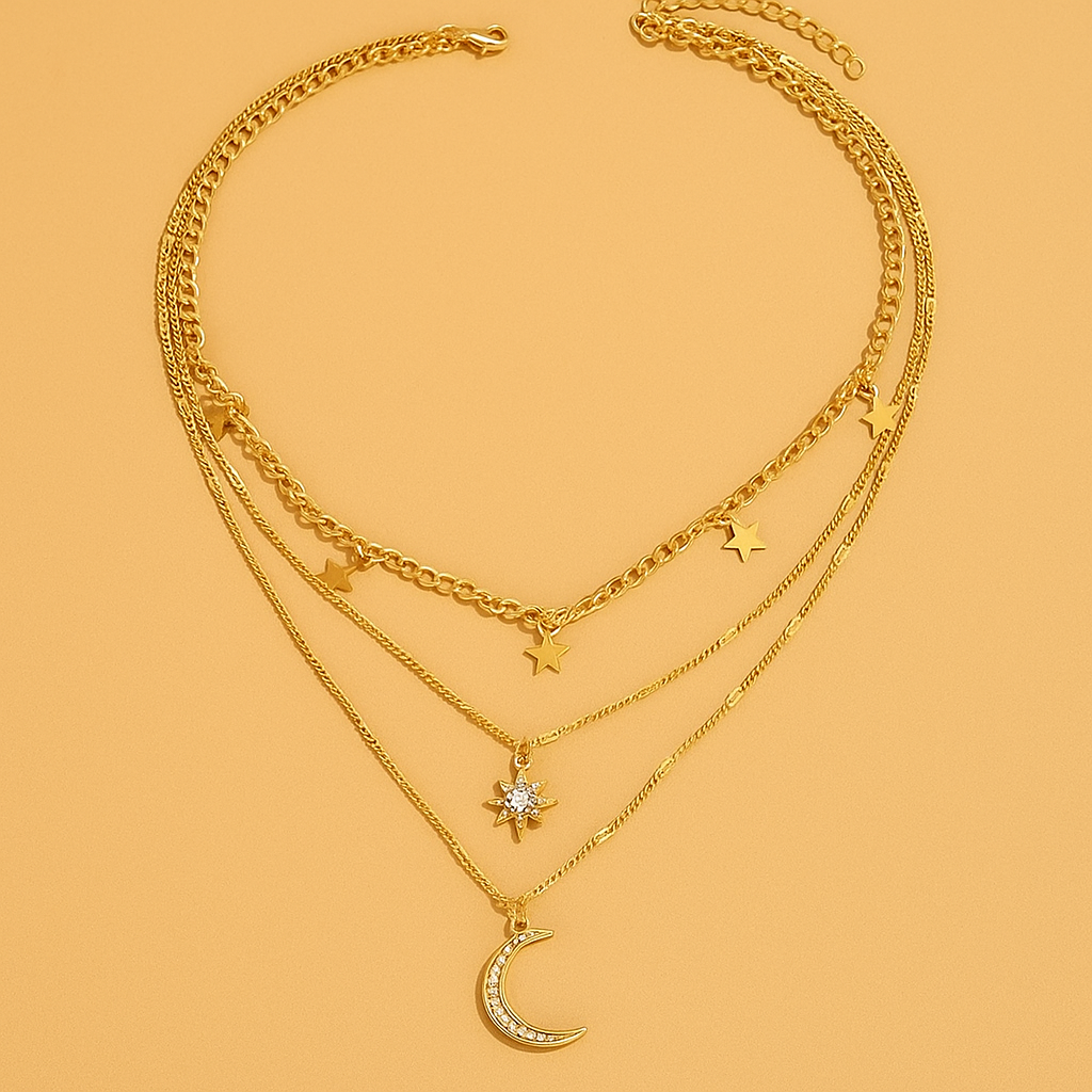 Bohemian Layered Necklace with Star & Moon Pendants