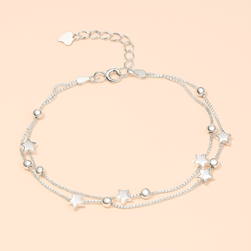 Double-Layer Star & Cat Paw Bracelet with Beaded Charm