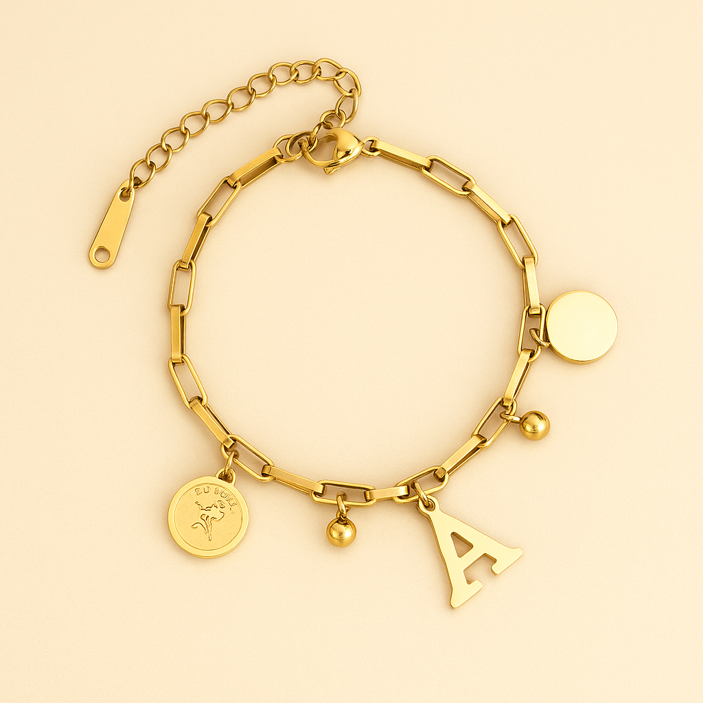 Edgy 18K Gold Bracelet – Circular Charms with Personalized Initial Pendant