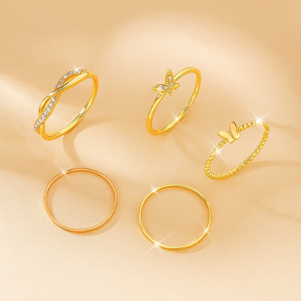 5-Piece Gold-Tone Ring Set – Butterfly, Twisted & Rhinestone Styles