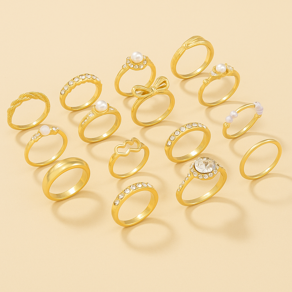 Rhinestone Fashion Ring Set – 15 Elegant Pieces in One Collection
