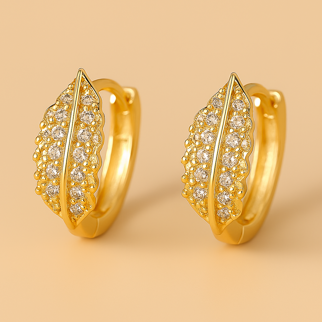 Gold Leaf Hoop Earrings – Elegant Design with Zirconia Accents