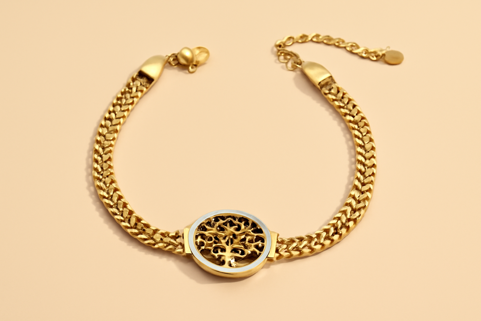 Elegant 14K gold-plated stainless steel bracelet with tree of life