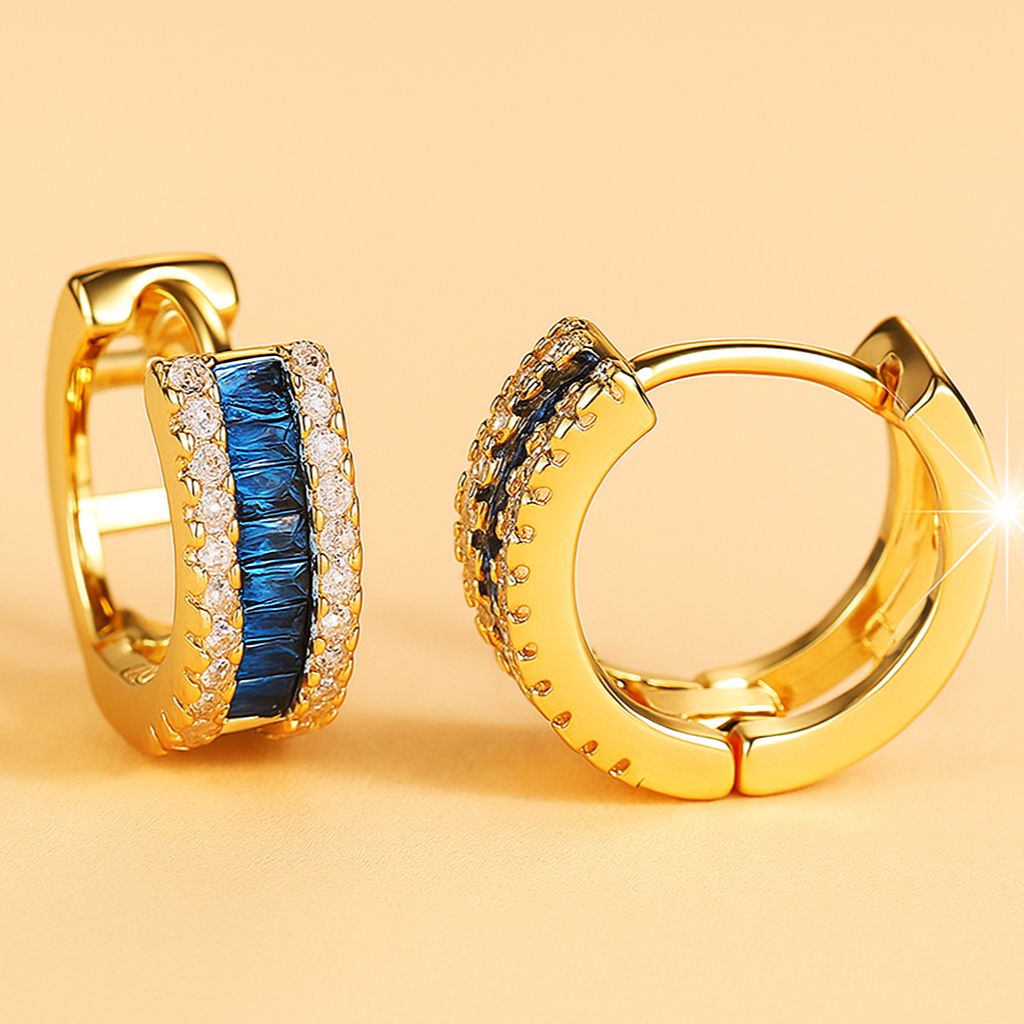 Blue Square Hoop Earrings with White Cubic Zirconia
