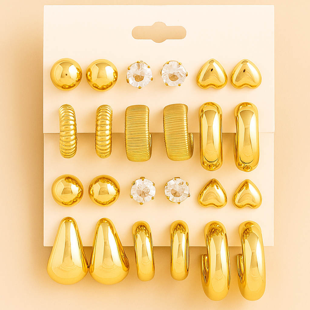 Elegant 12–24pcs Earring Set – Faux Crystal Hearts, Pearls & Gold-Tone C Hoops
