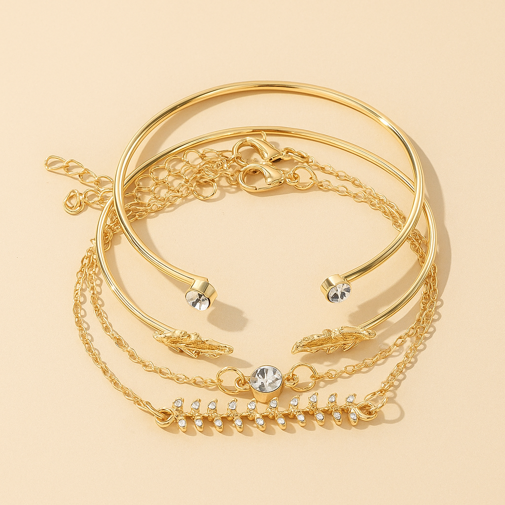 Boho-Chic Bracelet Set – 4pcs Wheat & Leaf-Inspired Design