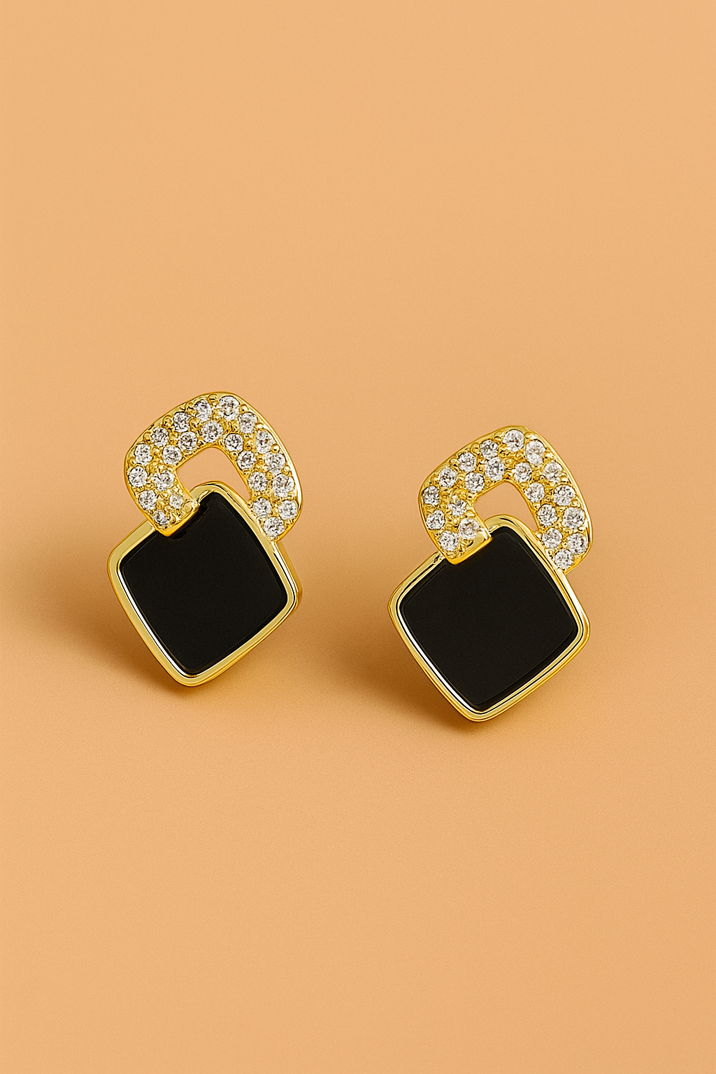 Elegant black square earrings with glass accents