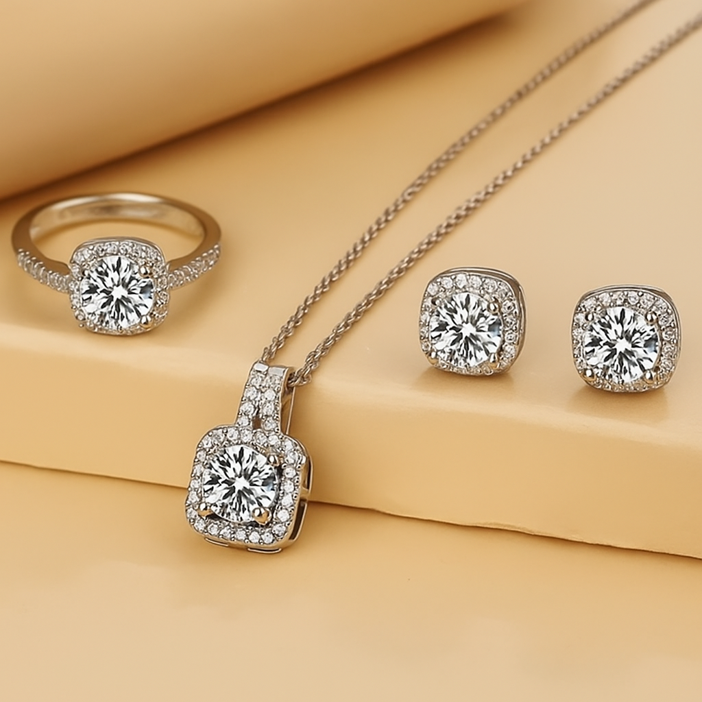 Elegant Zirconia Cubic Jewelry Set - Earrings, Pendant Necklace and Ring for Ladies