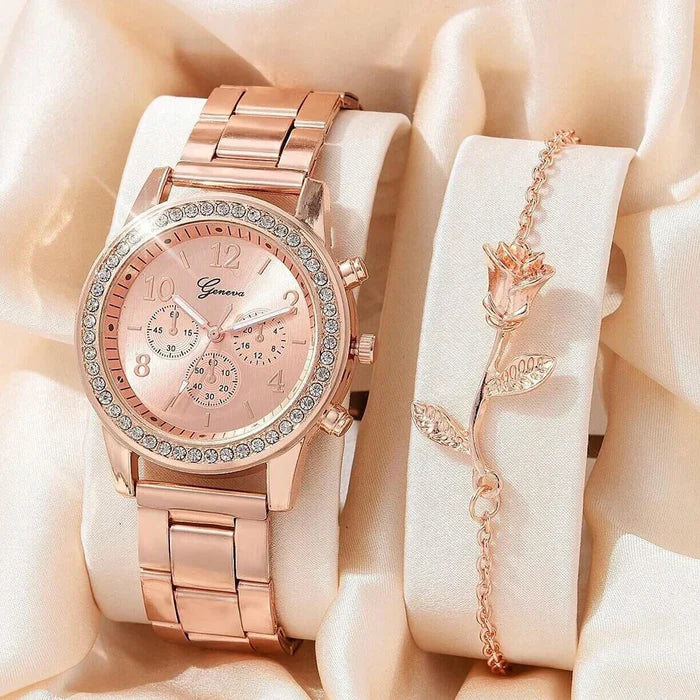 Women's Elegant Rhinestone Watch + Bracelet Set