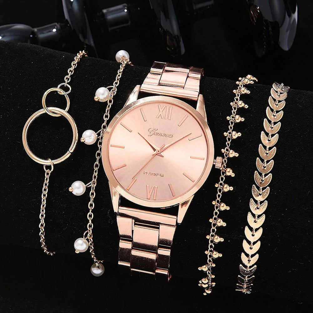 Women's Elegant 5 Pieces Quartz Watch + Jewelry Set