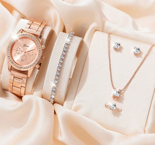 Women's 5 Pieces Quartz Watch Set with Rhinestone