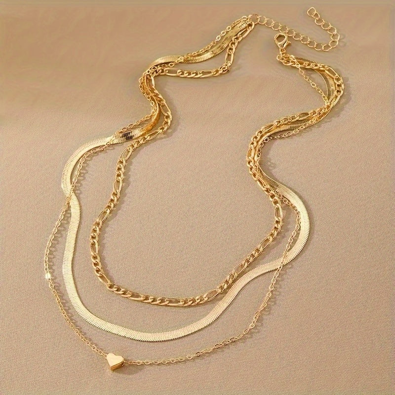 Layered Snake & Cuban Chain Necklace with Heart Pendant