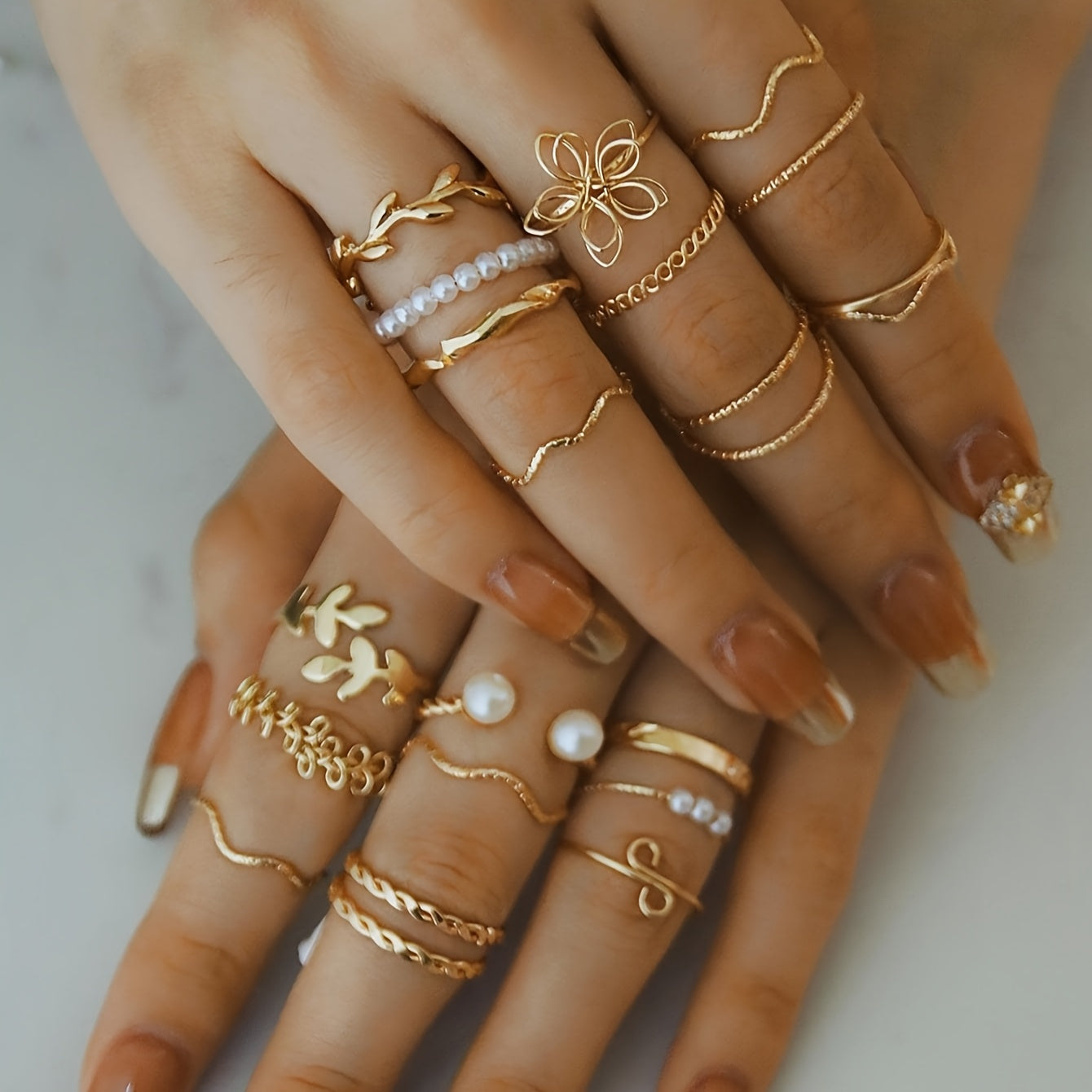 Floral & Pearl Accent Ring Set – 22pcs Leaf, Flower, and Faux Pearl Styles