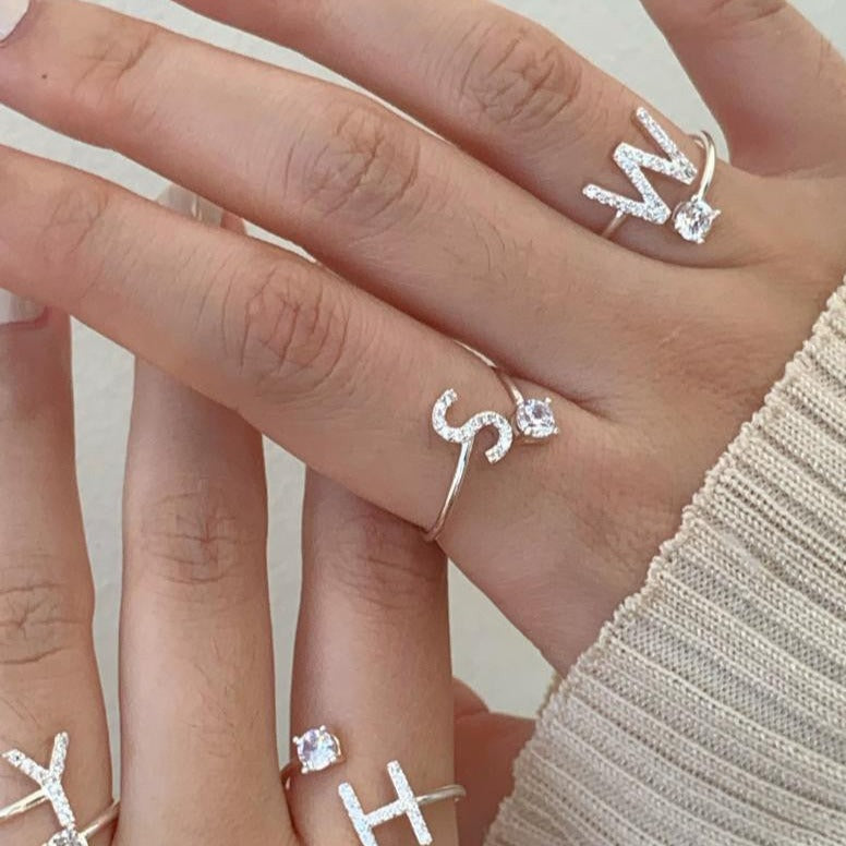 Zirconia letter sterling silver ring