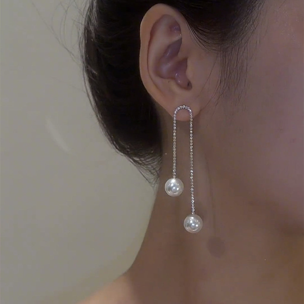 Diamond tassel and pearl earrings