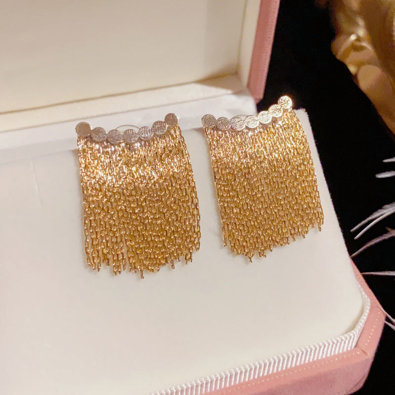 Long earrings with curved bar and tassel