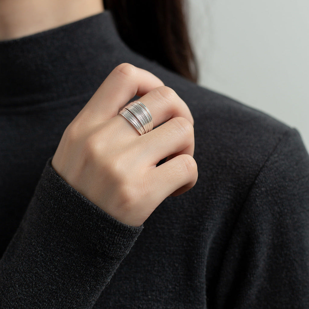 Multilayered line sterling silver ring