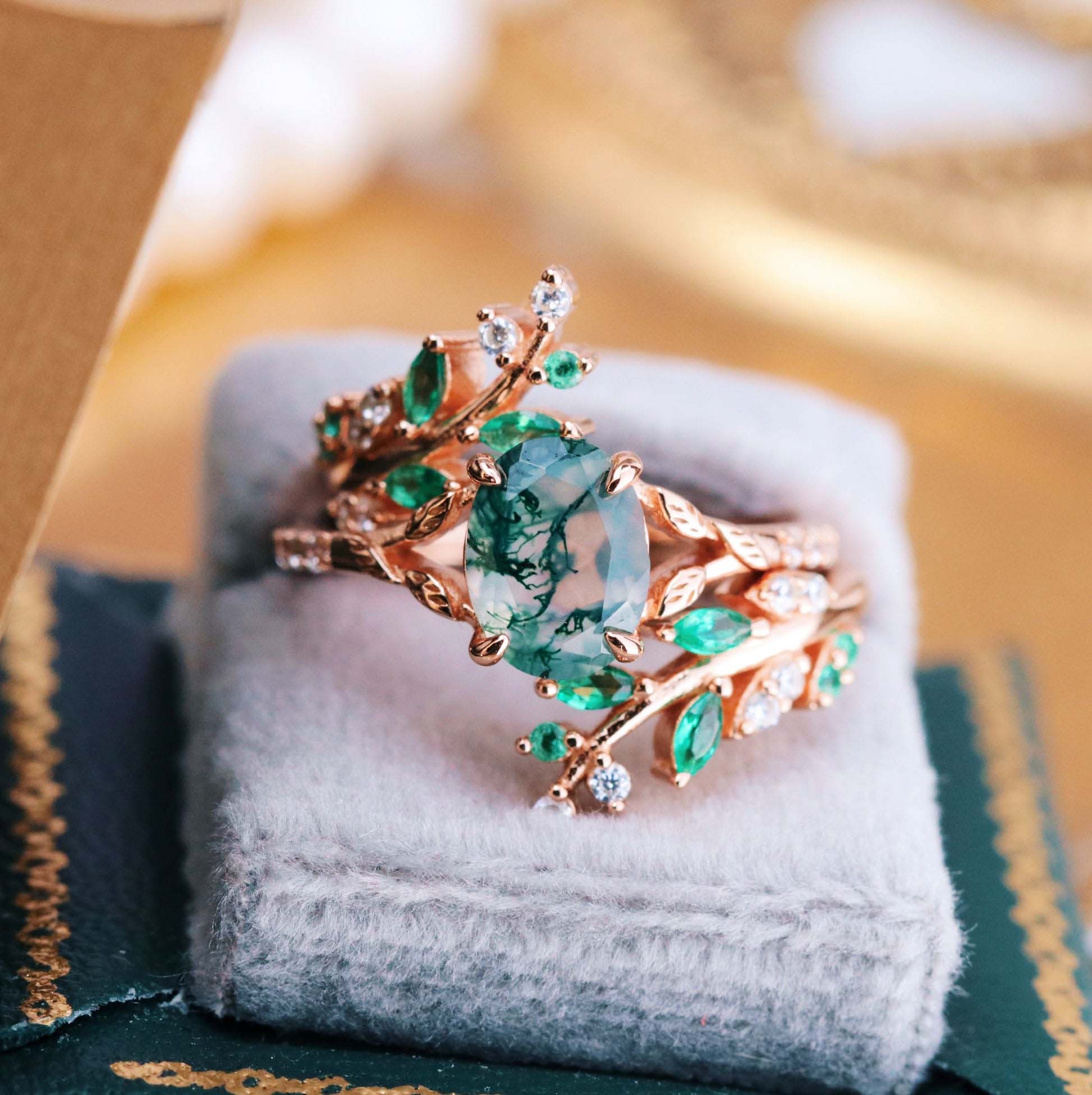 Green fire opal and moss agate ring - a natural piece of jewelry for couples