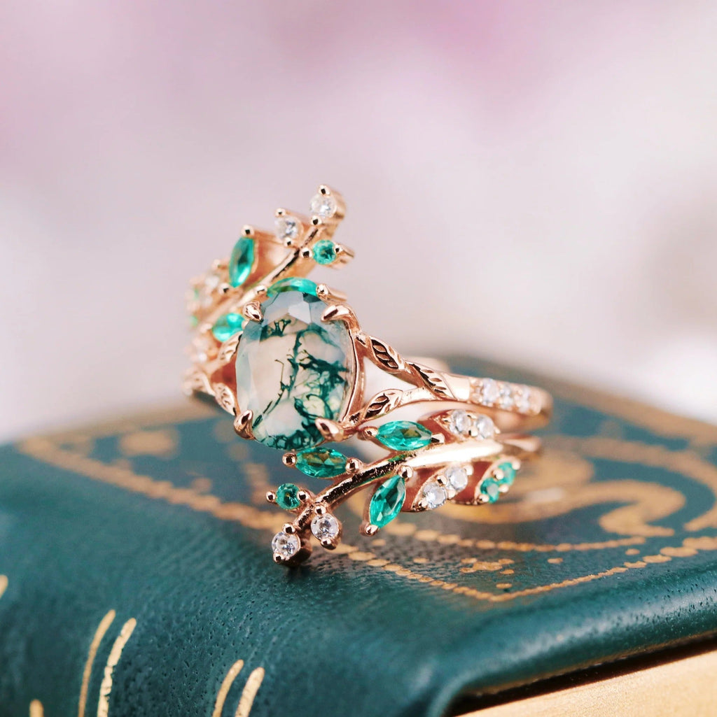 Green fire opal and moss agate ring - a natural piece of jewelry for couples