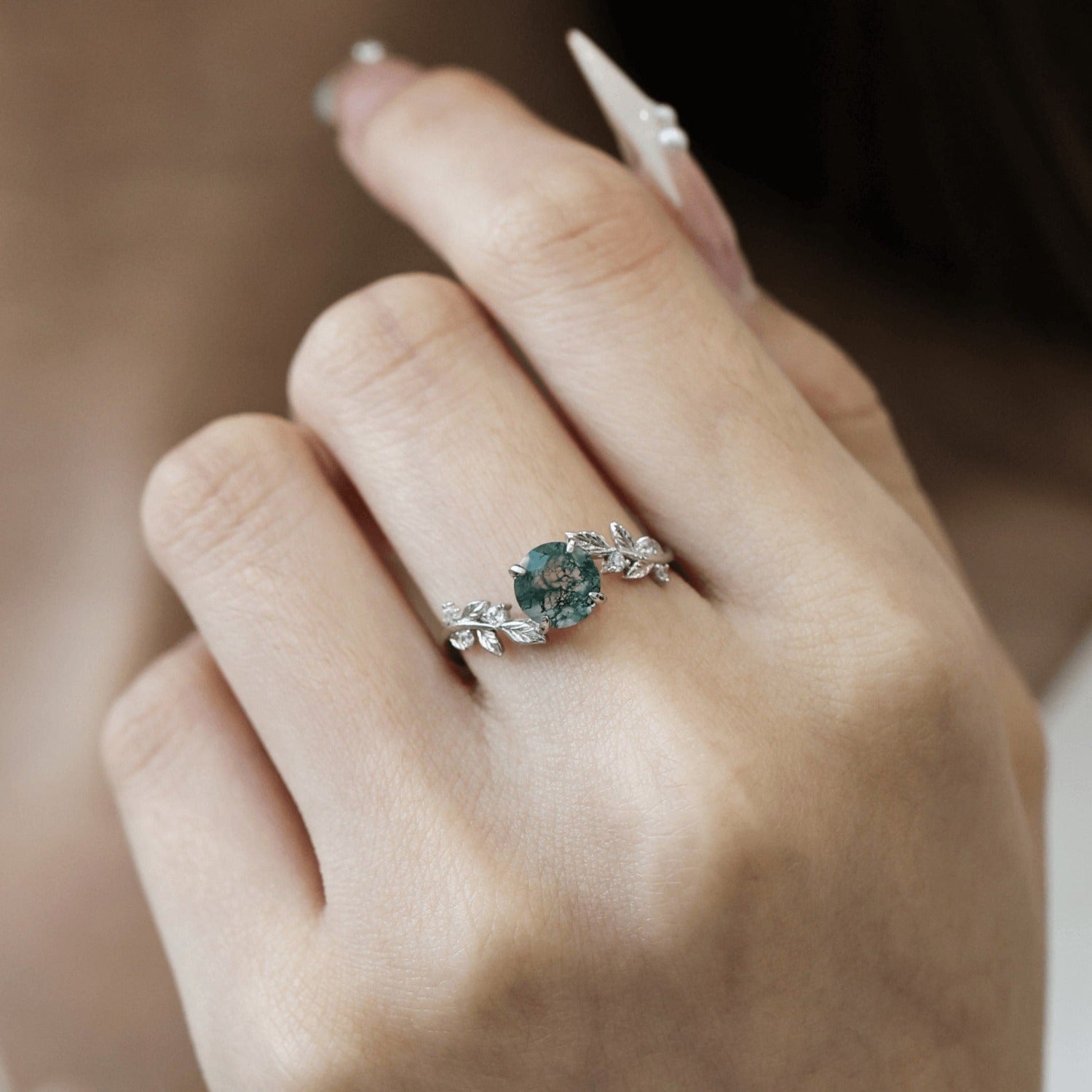 Natural moss agate ring - “Between the leaves” design