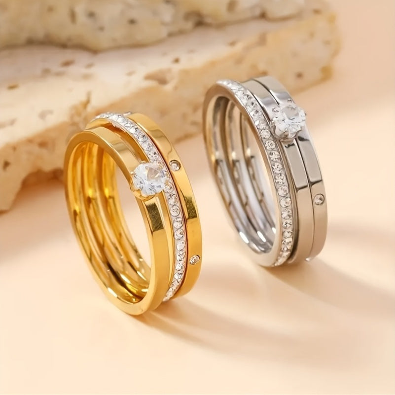 18K Gold Plated Elegant Ring Set with Rhinestones and Crystals – 3-Piece Set
