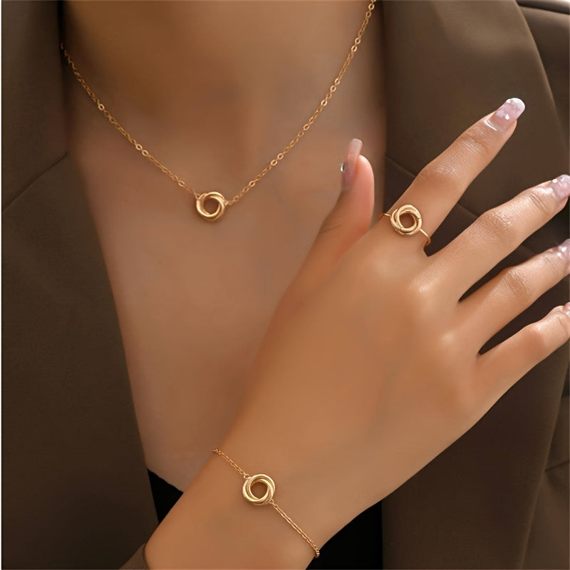 Elegant 3-Piece Jewelry Set – Twisted Flower & Circle Motif Design