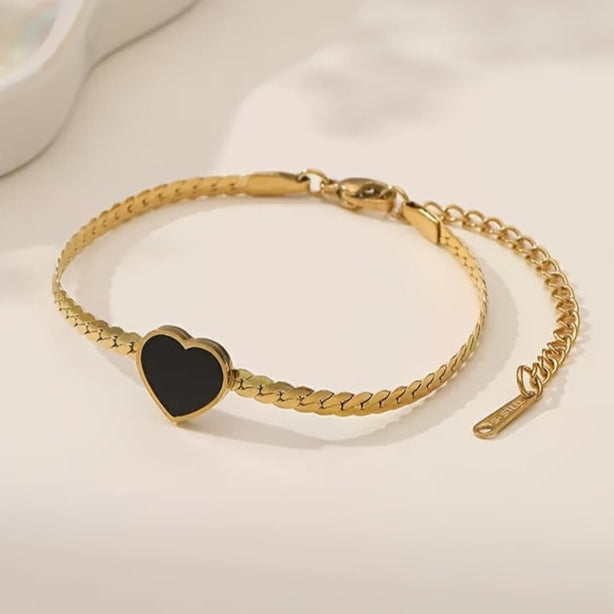 Lucky Black Heart Bracelet with Vintage Snake Chain