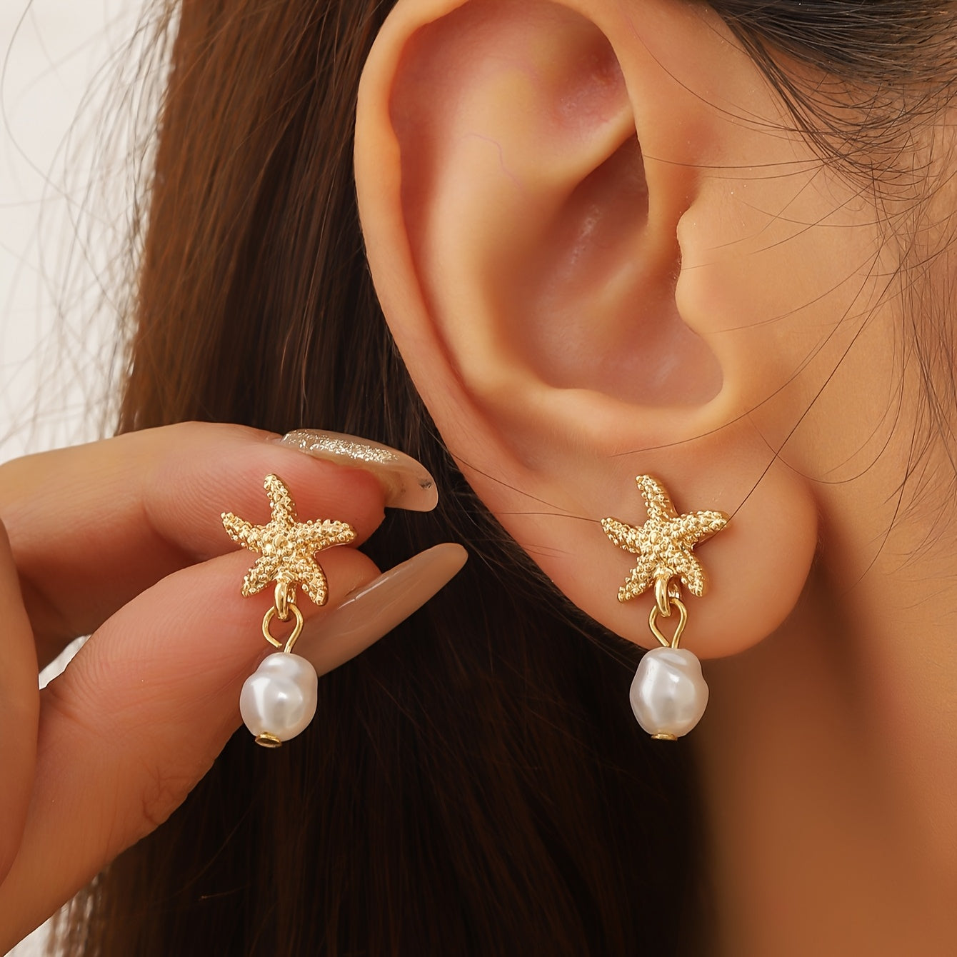 Faux Pearl Starfish Earrings with Tassels