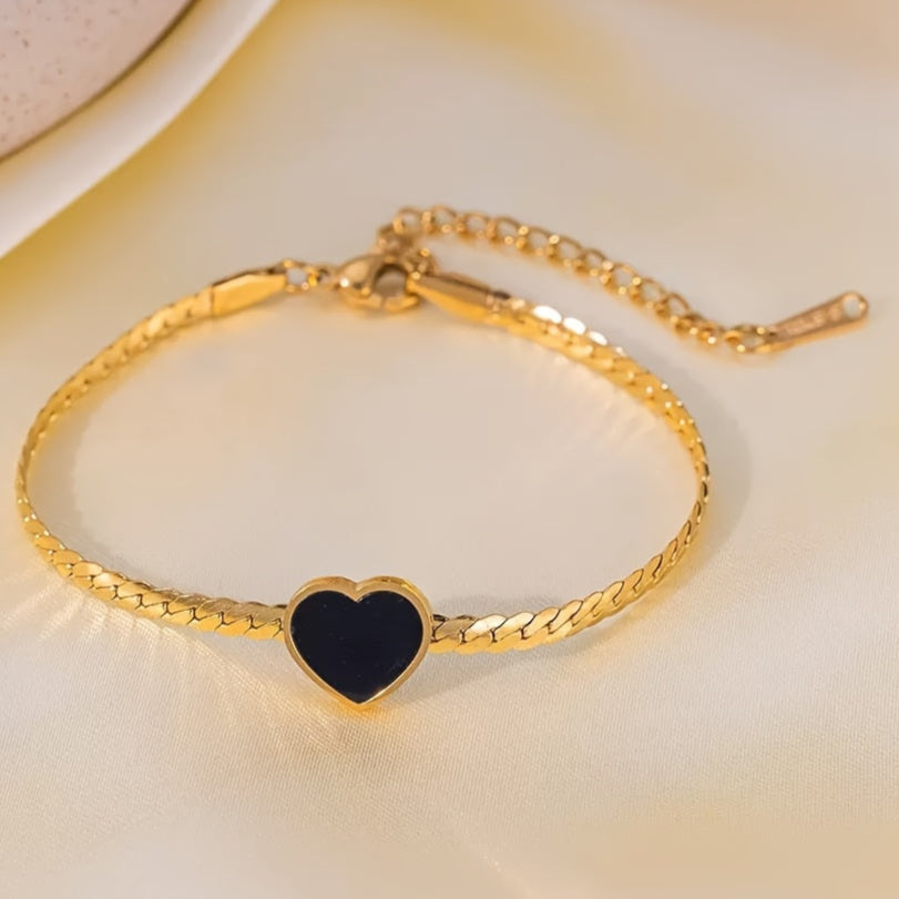 Lucky Black Heart Bracelet with Vintage Snake Chain