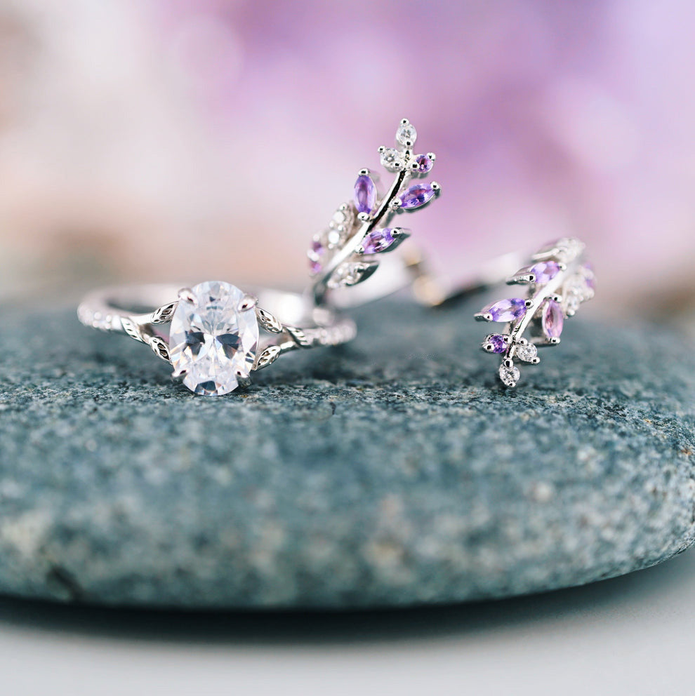 Fairy-inspired amethyst & diamond leaf engagement ring set - 925 Sterling silver