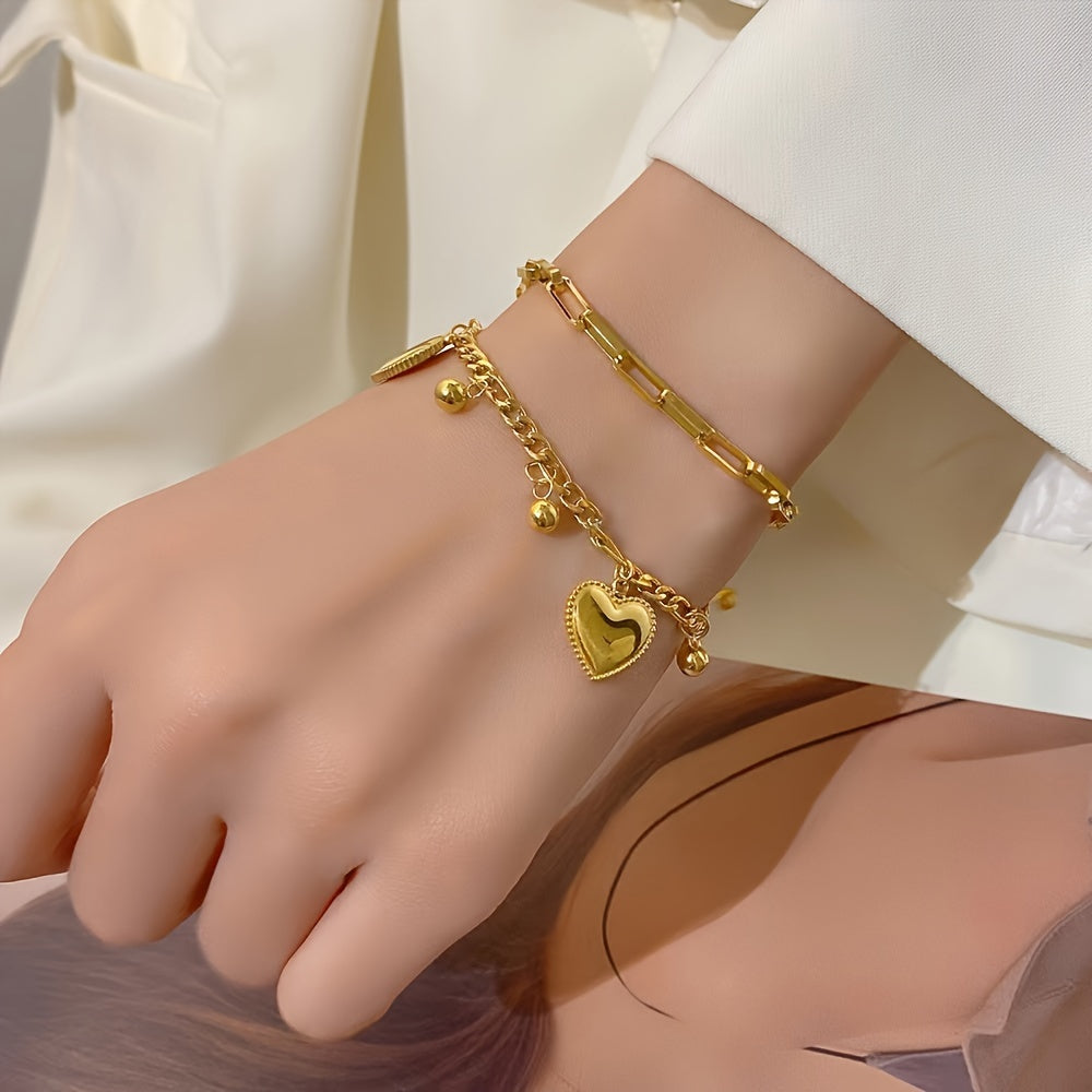 Golden Double-Layer Bracelet – Featuring Delicate Love Pendant