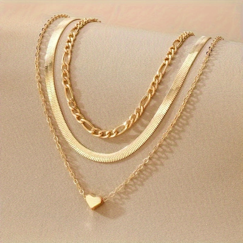 Layered Snake & Cuban Chain Necklace with Heart Pendant