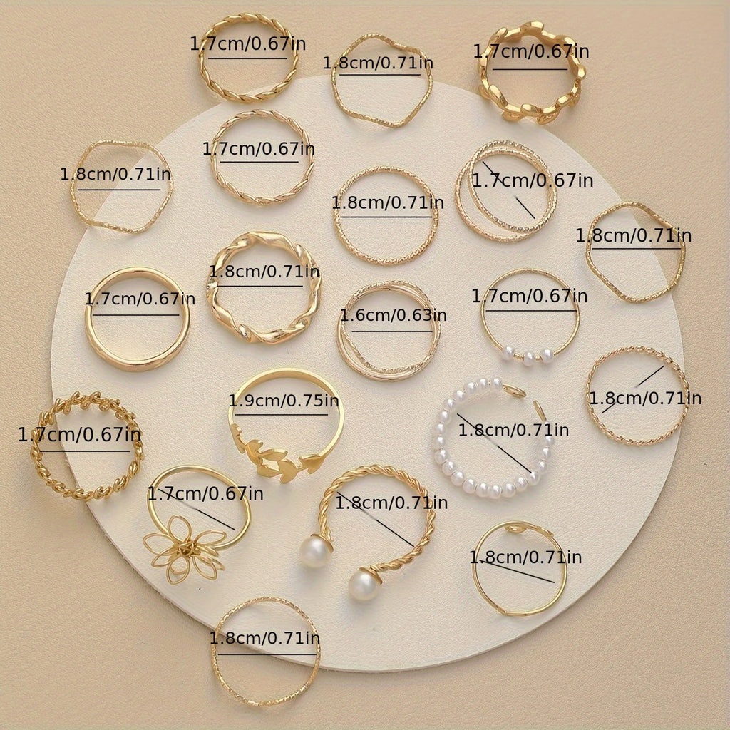 Floral & Pearl Accent Ring Set – 22pcs Leaf, Flower, and Faux Pearl Styles