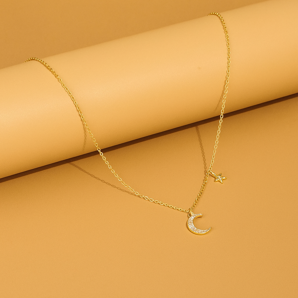 Delicate Zirconia Star & Moon Pendant Necklace