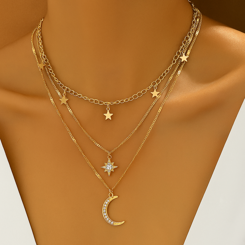 Bohemian Layered Necklace with Star & Moon Pendants