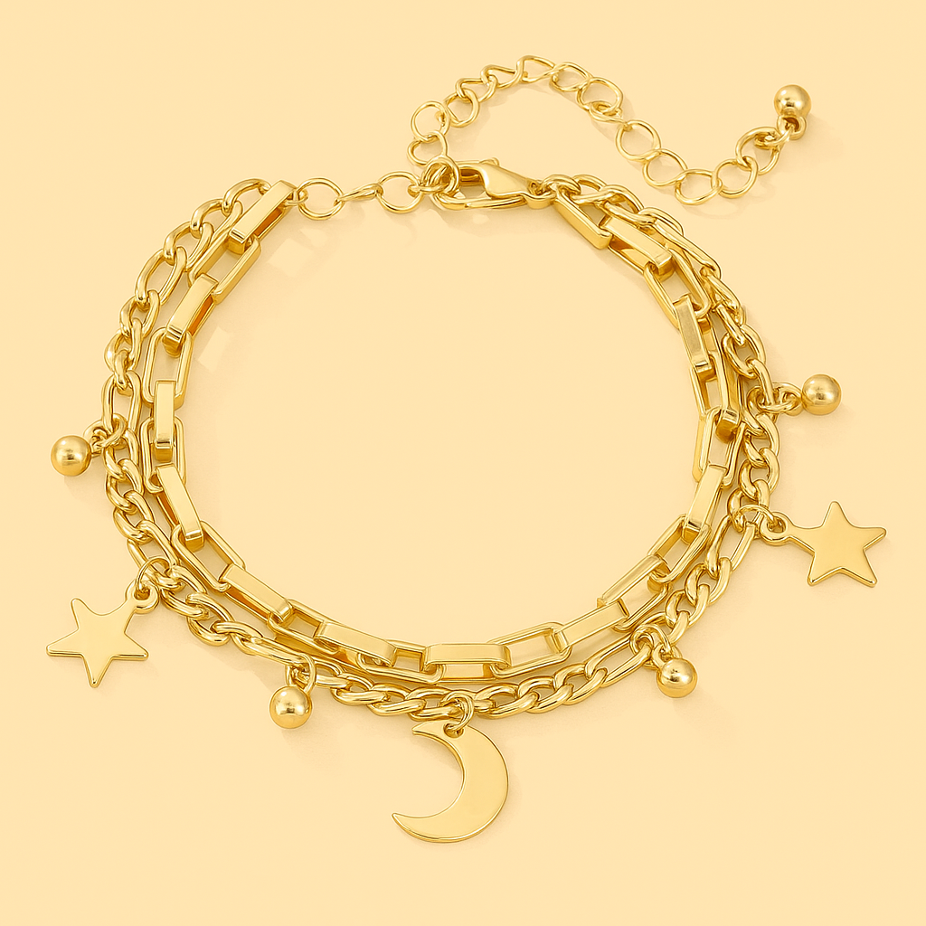 Celestial Charm Double-Layer Bracelet – Gold-Tone with Star & Moon