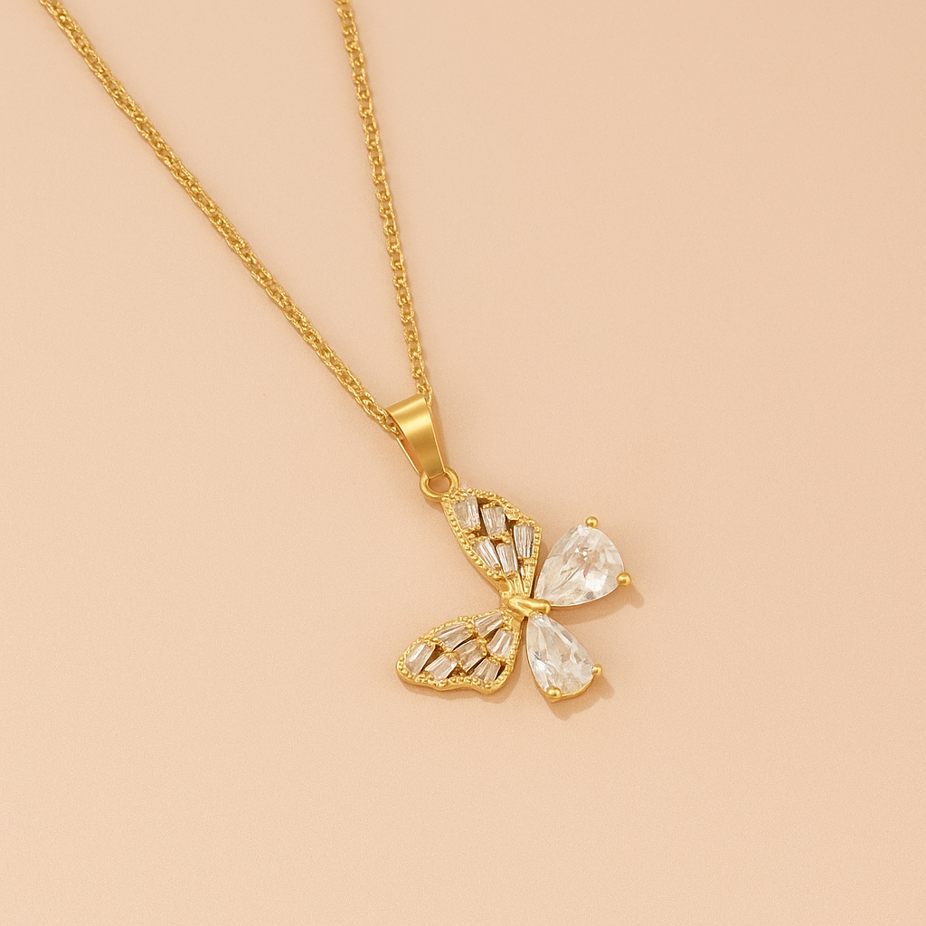 Golden Butterfly Pendant Necklace – Embellished with Sparkling Rhinestones