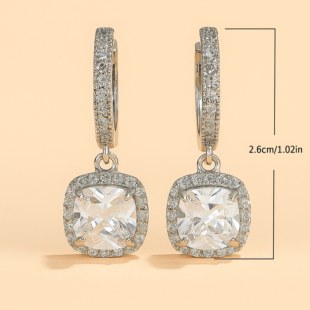 Pair of Elegant Square Copper Earrings with Delicate Zirconia Detailing