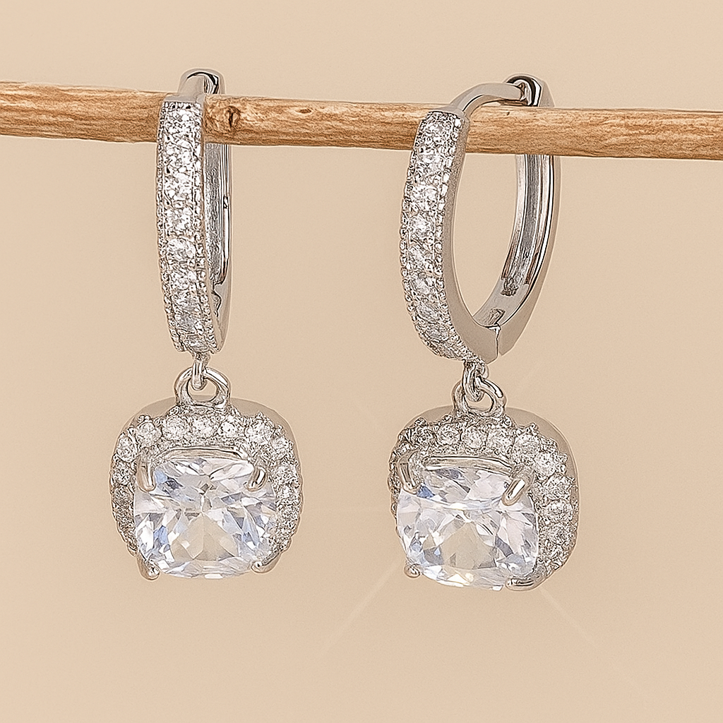 Pair of Elegant Square Copper Earrings with Delicate Zirconia Detailing