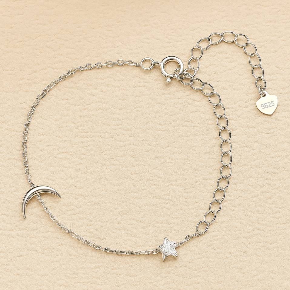 Sterling Silver Moon & Star Bracelet – Adorned with Sparkling Zirconia