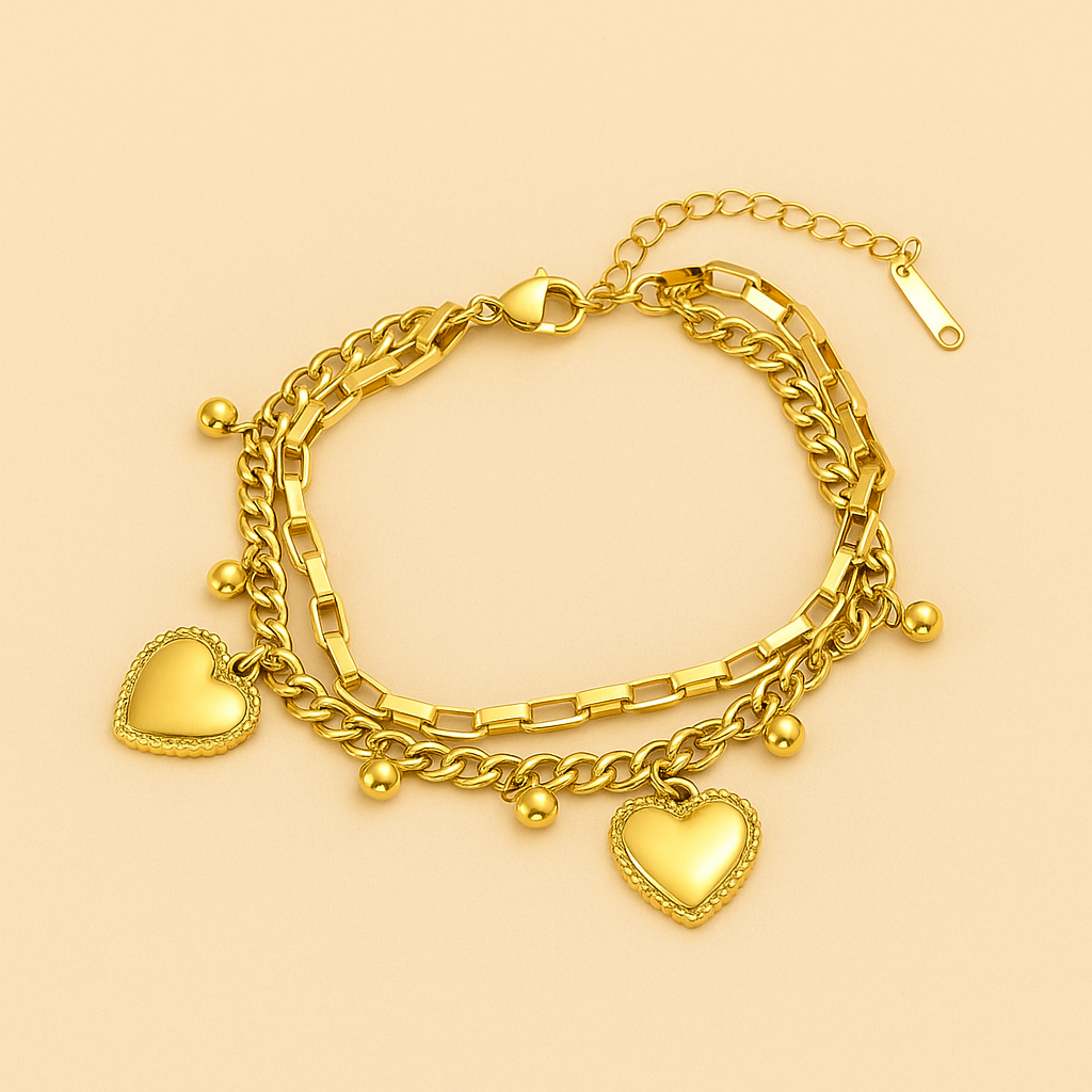 Golden Double-Layer Bracelet – Featuring Delicate Love Pendant