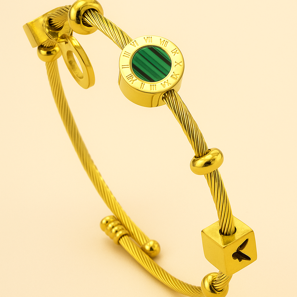Elegant Gold Cuff Bracelet – Accented with Green Stone and Gold Beads