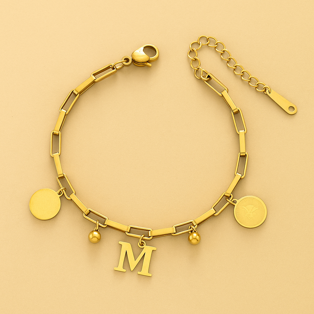 Edgy 18K Gold Bracelet – Circular Charms with Personalized Initial Pendant