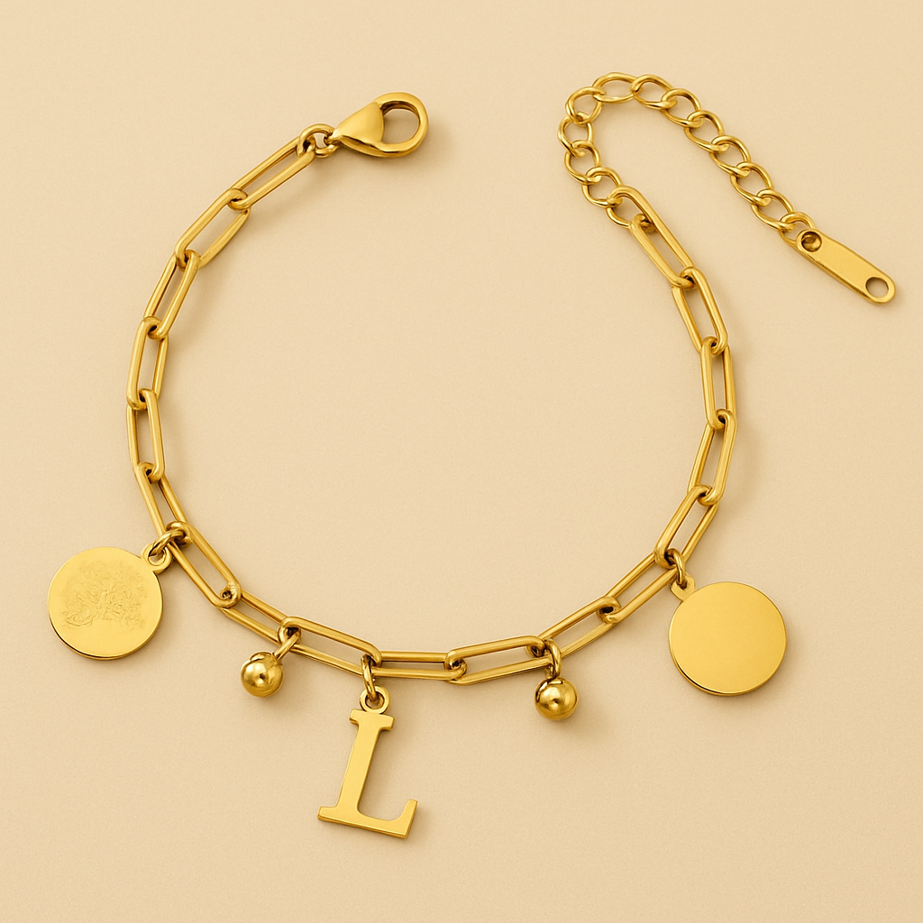 Edgy 18K Gold Bracelet – Circular Charms with Personalized Initial Pendant