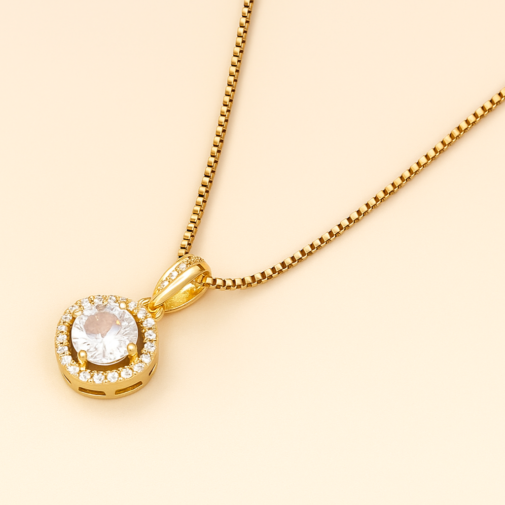 18K Gold Plated Halo Pendant Necklace – Round Cubic Zirconia Sparkle
