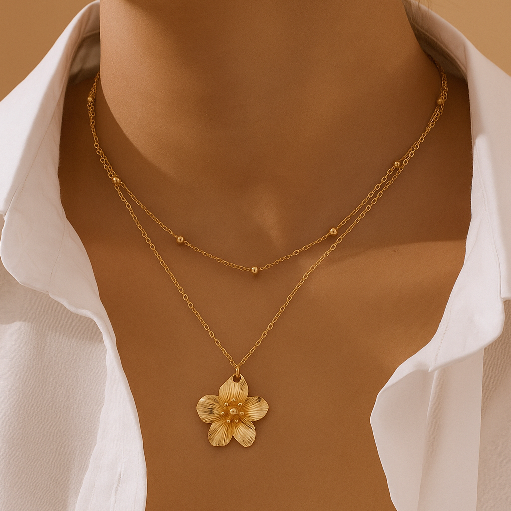 Vintage-Inspired Double-Layer Necklace with Flower Pendant