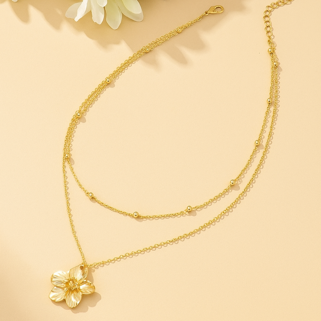 Vintage-Inspired Double-Layer Necklace with Flower Pendant