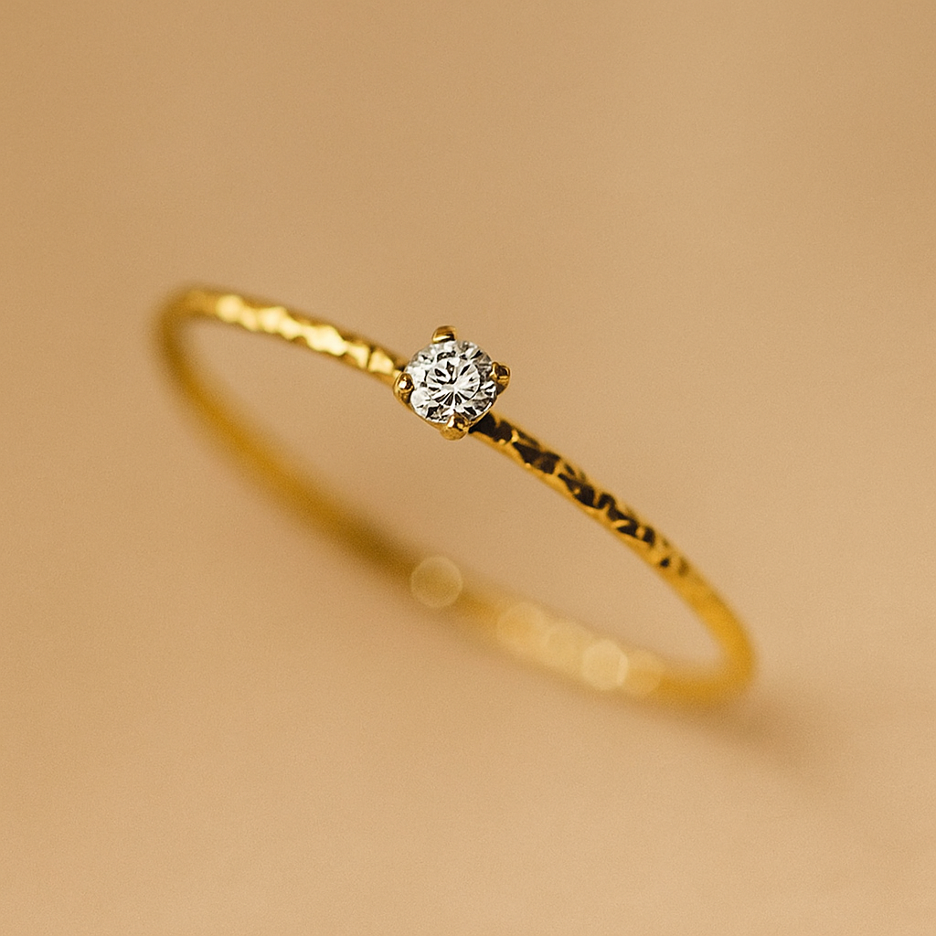 Gold-Tone Hammered Ring with Minimalist Rhinestone Accent