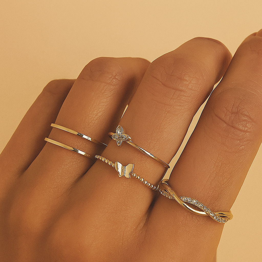 5-Piece Gold-Tone Ring Set – Butterfly, Twisted & Rhinestone Styles